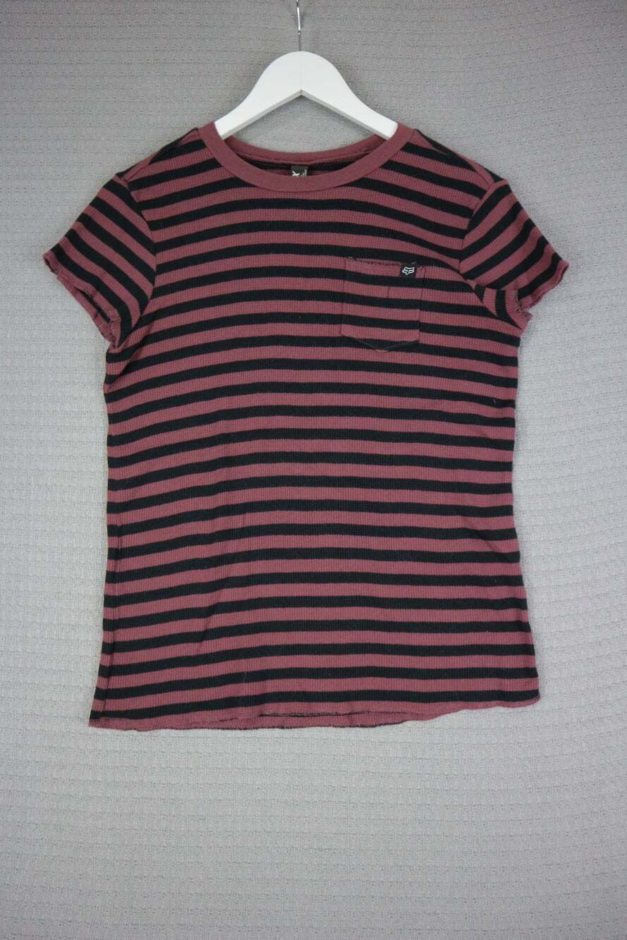 Fox Racing Striped T-Shirt Maroon Black Pocket Short Sleeve Crewneck XS